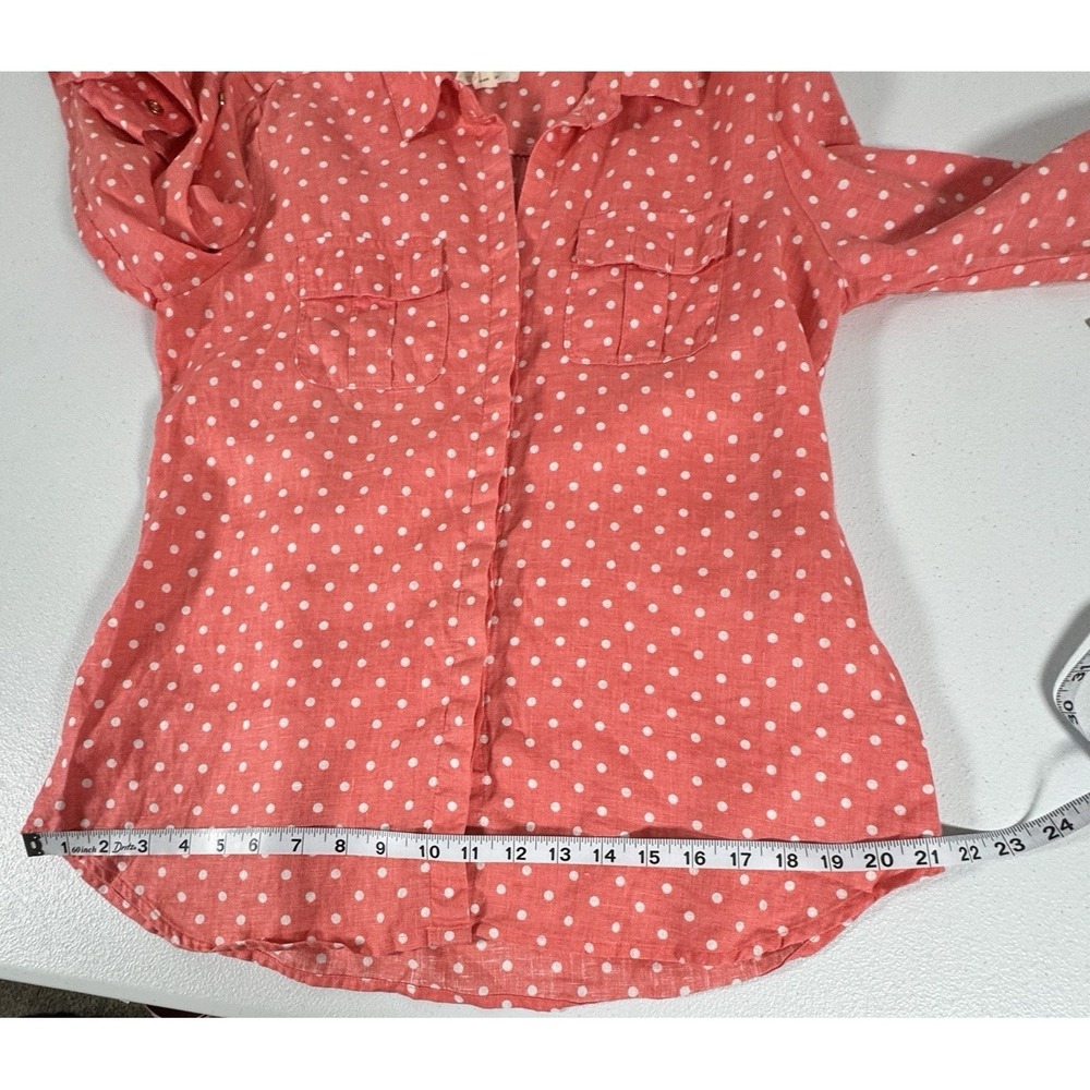 Charter Club Luxury Linen Shirt Womens M Coral Polka Dot Tab Sleeve Button Up - Picture 9 of 10